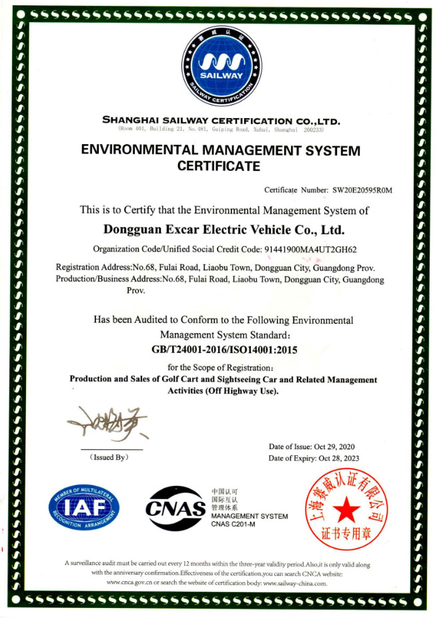 ประเทศจีน Dongguan Excar Electric Vehicle Co., Ltd รับรอง